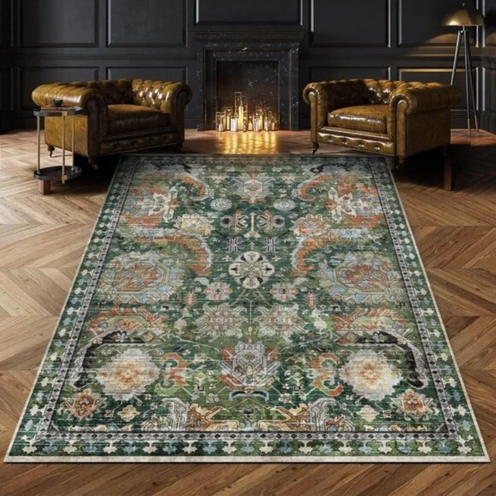 New 5x7 Green Washable Area Rug, Non-Slip Vintage Tribal Carpet for Any Room